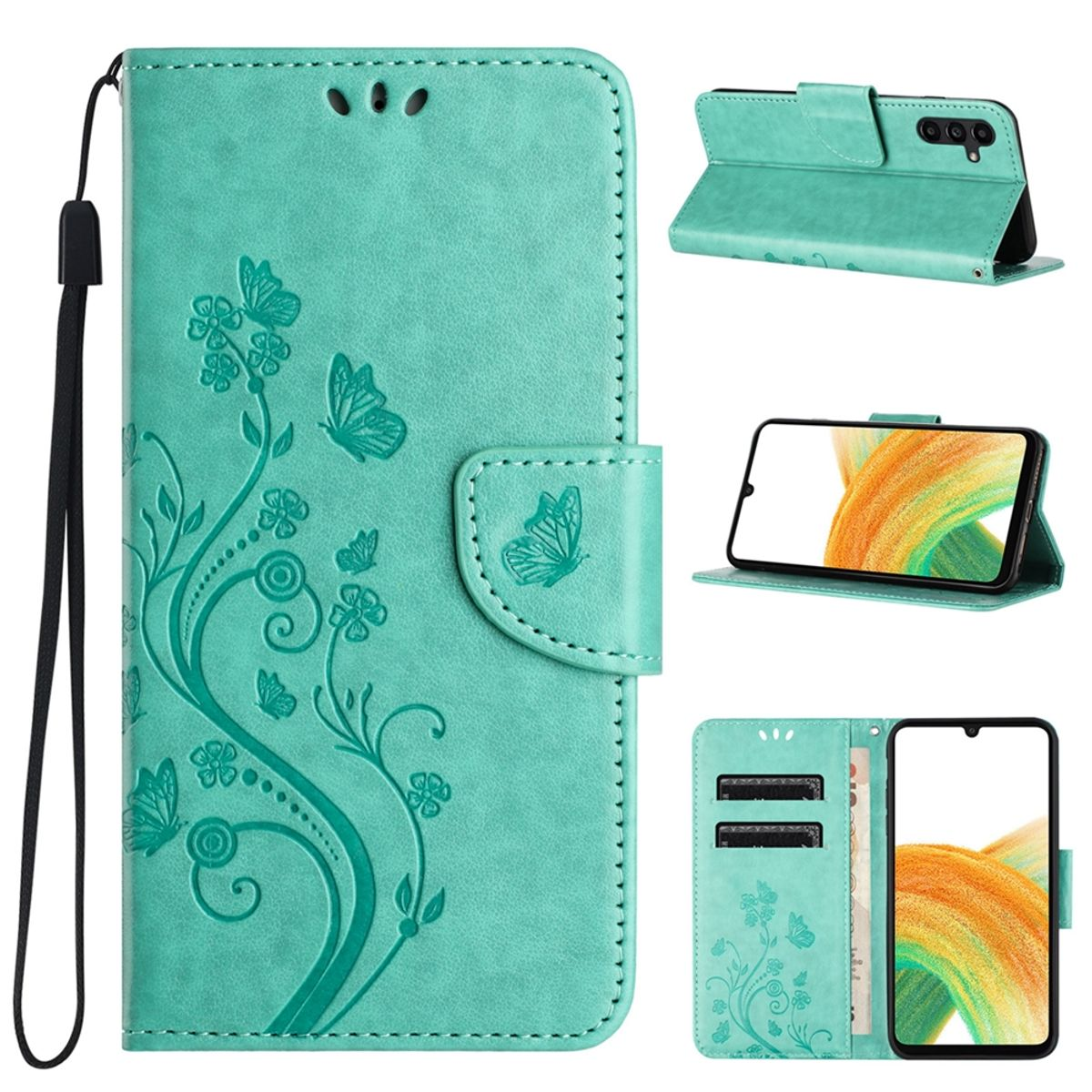 Türkisfarbene Handyhülle mit floralem Design. Geöffnete Hülle zeigt Telefon. Zusätzliche Ansichten der Hülle werden gezeigt.