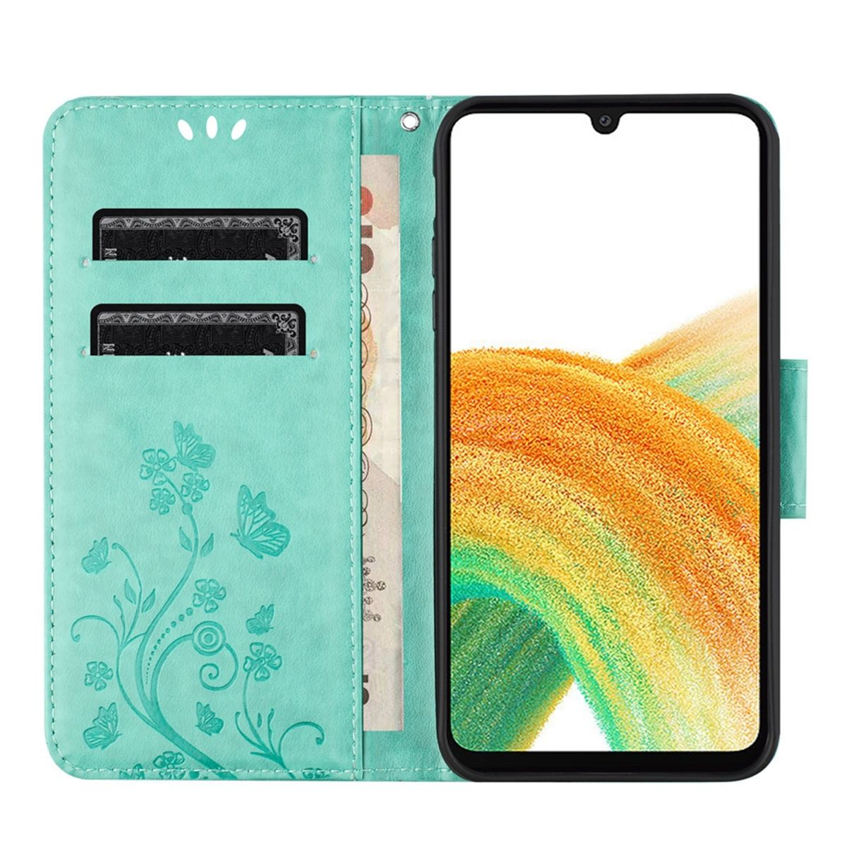 Ein Telefon in einem offenen, teal-farbenen Wallet-Case, mit Kreditkartenfächern und Währung.