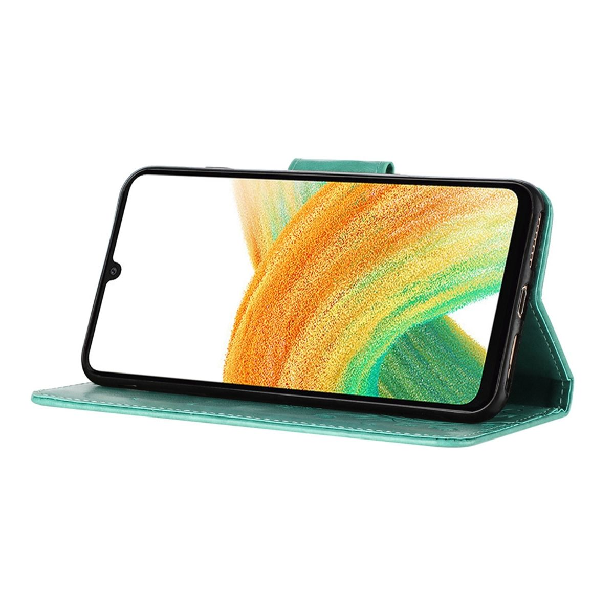 Smartphone in einer offenen grünen Hülle, zeigt den Bildschirm, mit einem Muster auf der Hülle.
