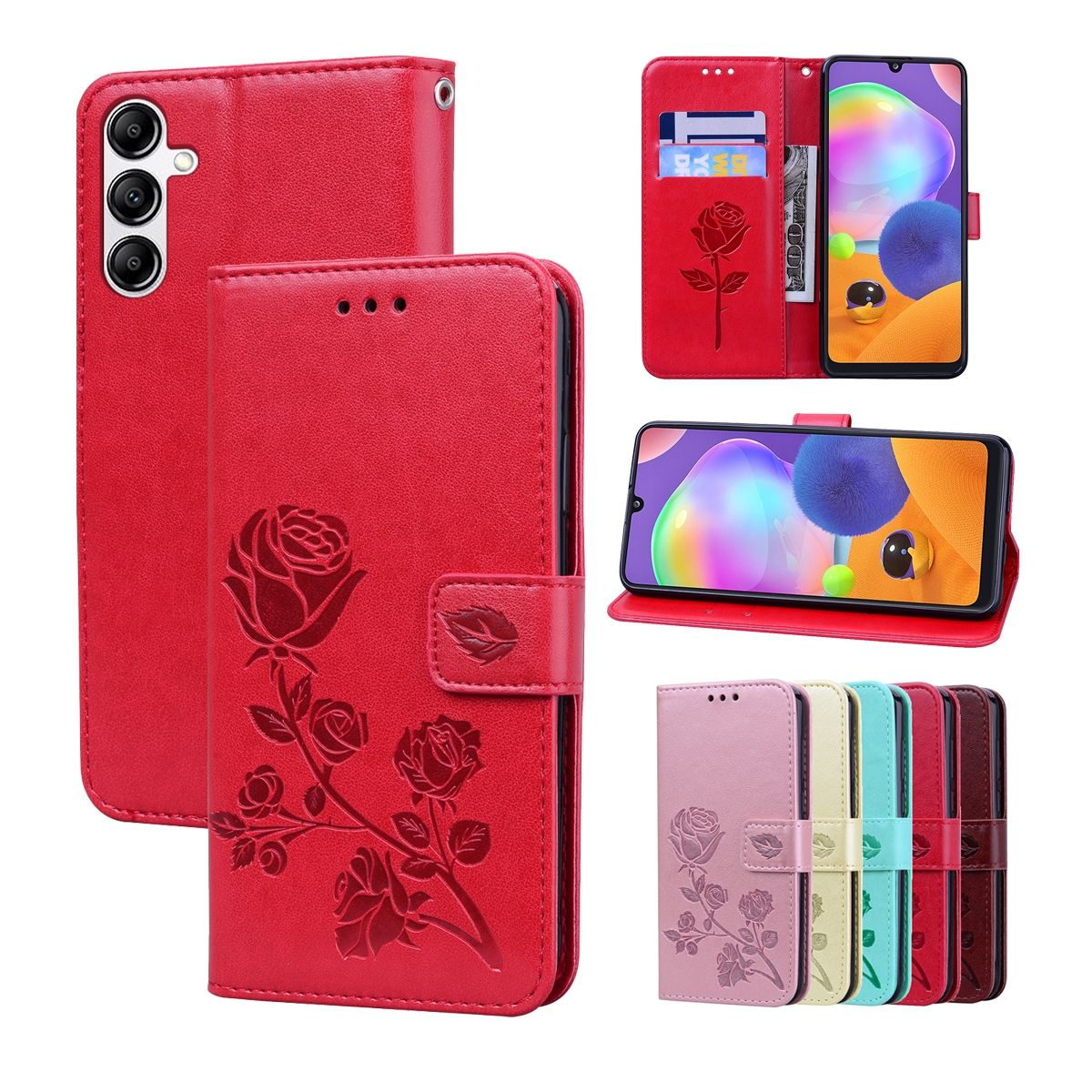 Rote Handyhülle mit Blumendesign und einem Telefon darin.