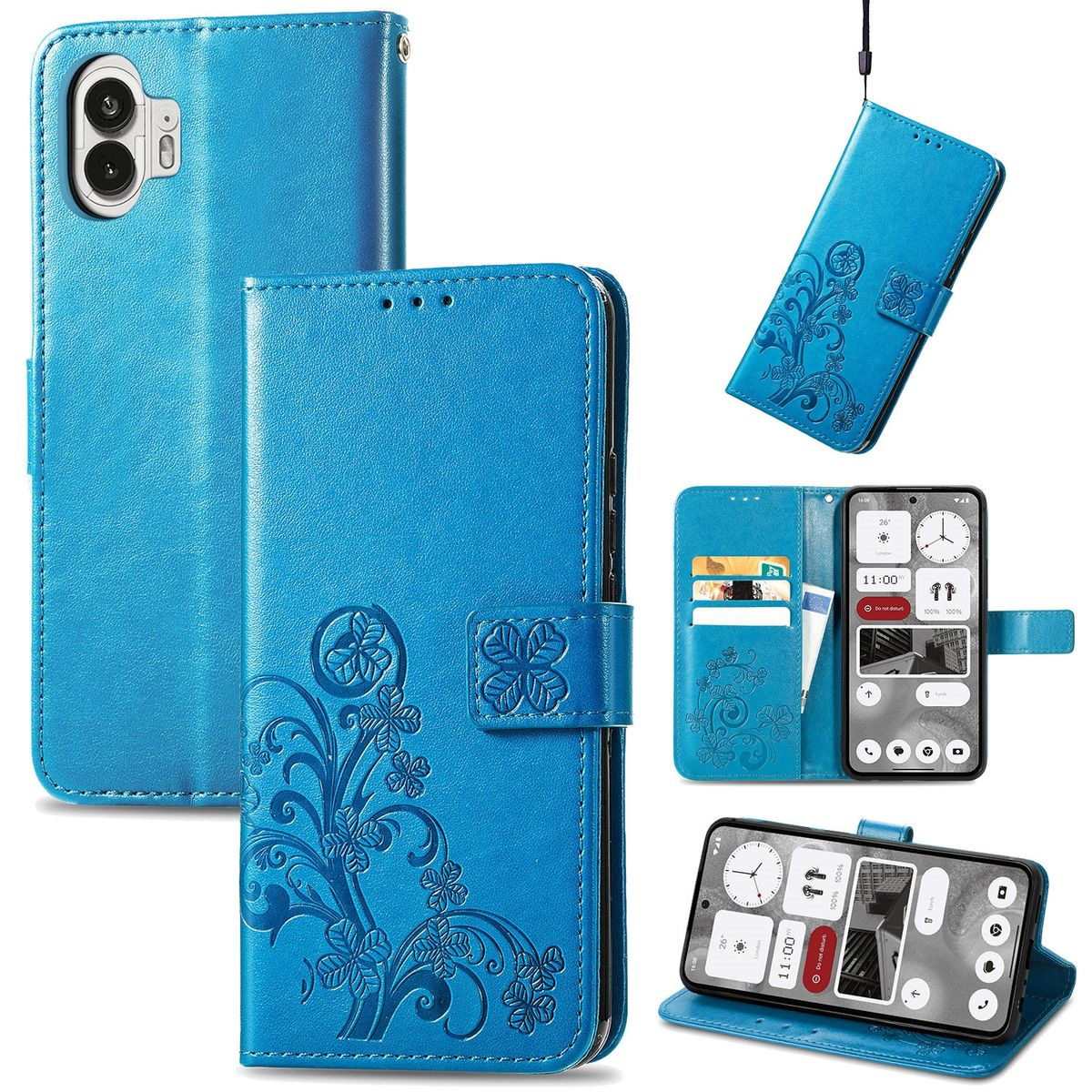 Blaue Handyhülle mit floralem Design. Mehrere Ansichten, einschließlich offen mit Telefon und stehend.