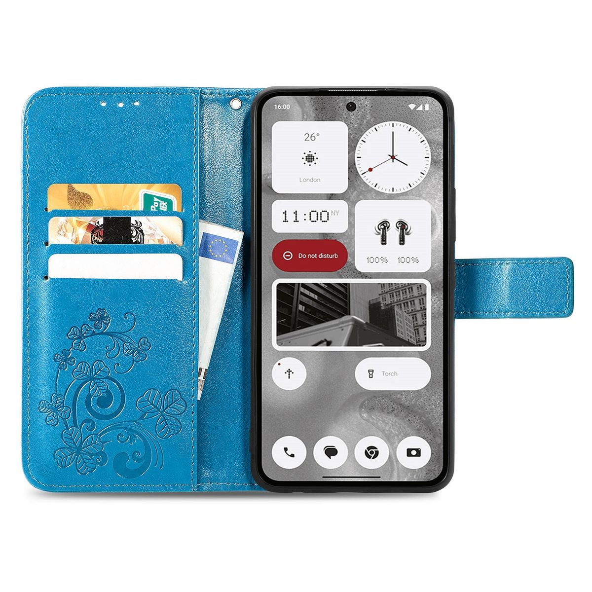 Blaue Handyhülle mit einem Telefon, Karten und einem Stift.
