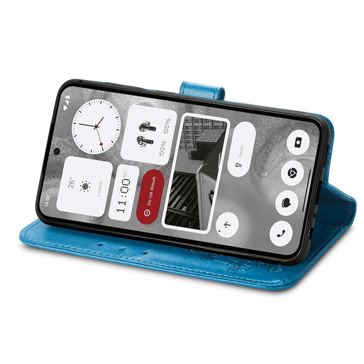 Blaue Handyhülle mit Telefon, zeigt Bildschirm mit Symbolen.