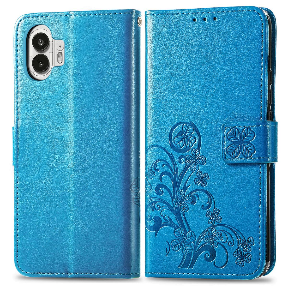 Blaue Handyhülle geöffnet. Die Hülle hat ein Blumendesign. Der Hintergrund ist weiß.