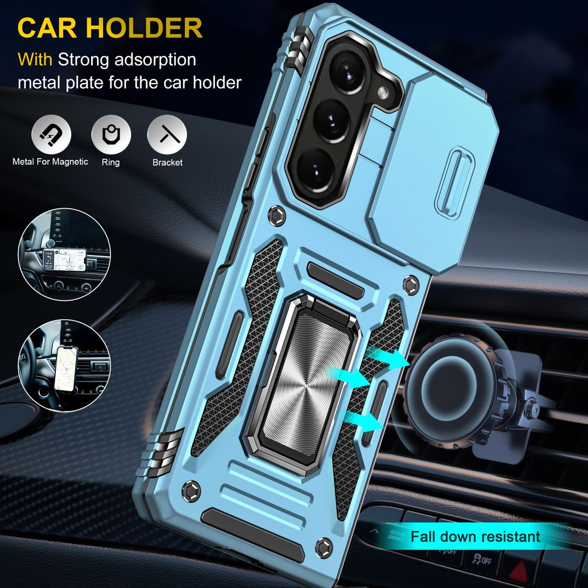 Blaue Handyhülle mit Magnetring. Details zum Autohalter. Schwarzer Auto Innenraum.