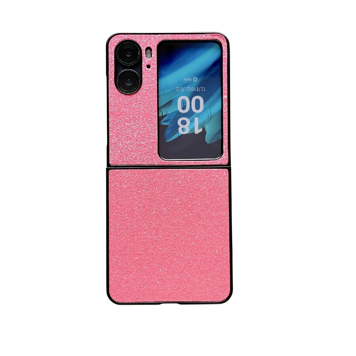Rosa, faltbares Smartphone. Der Bildschirm ist sichtbar und zeigt ein Datum. Das Telefon ist teilweise geöffnet.