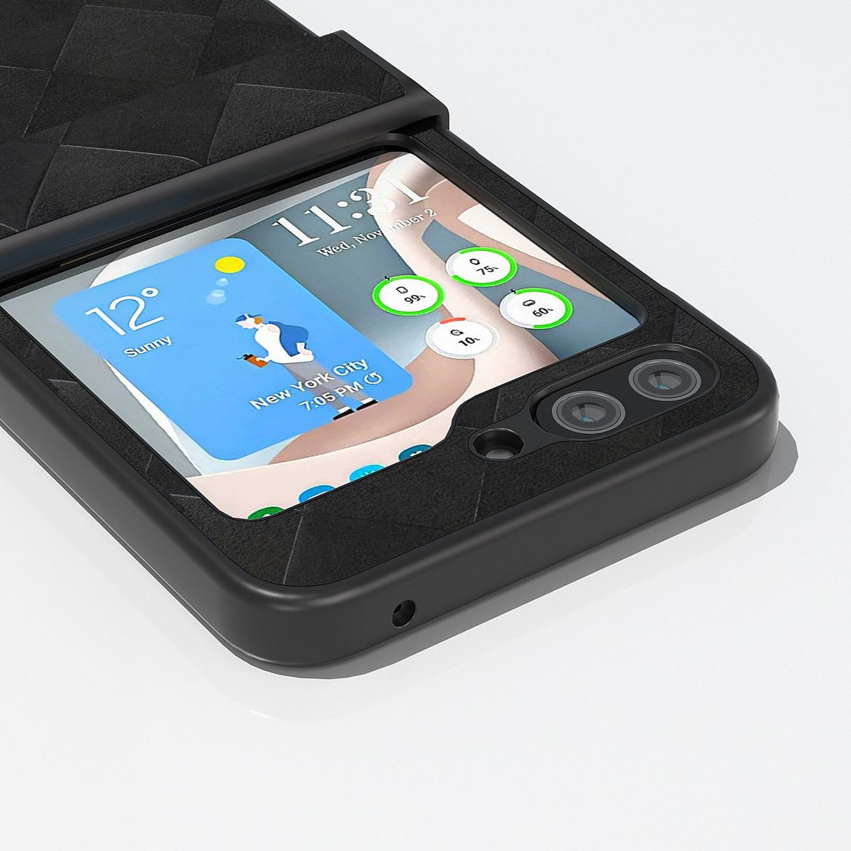 Schwarze Handyhülle, zeigt Telefonbildschirm mit Zeit und Wetterdaten.