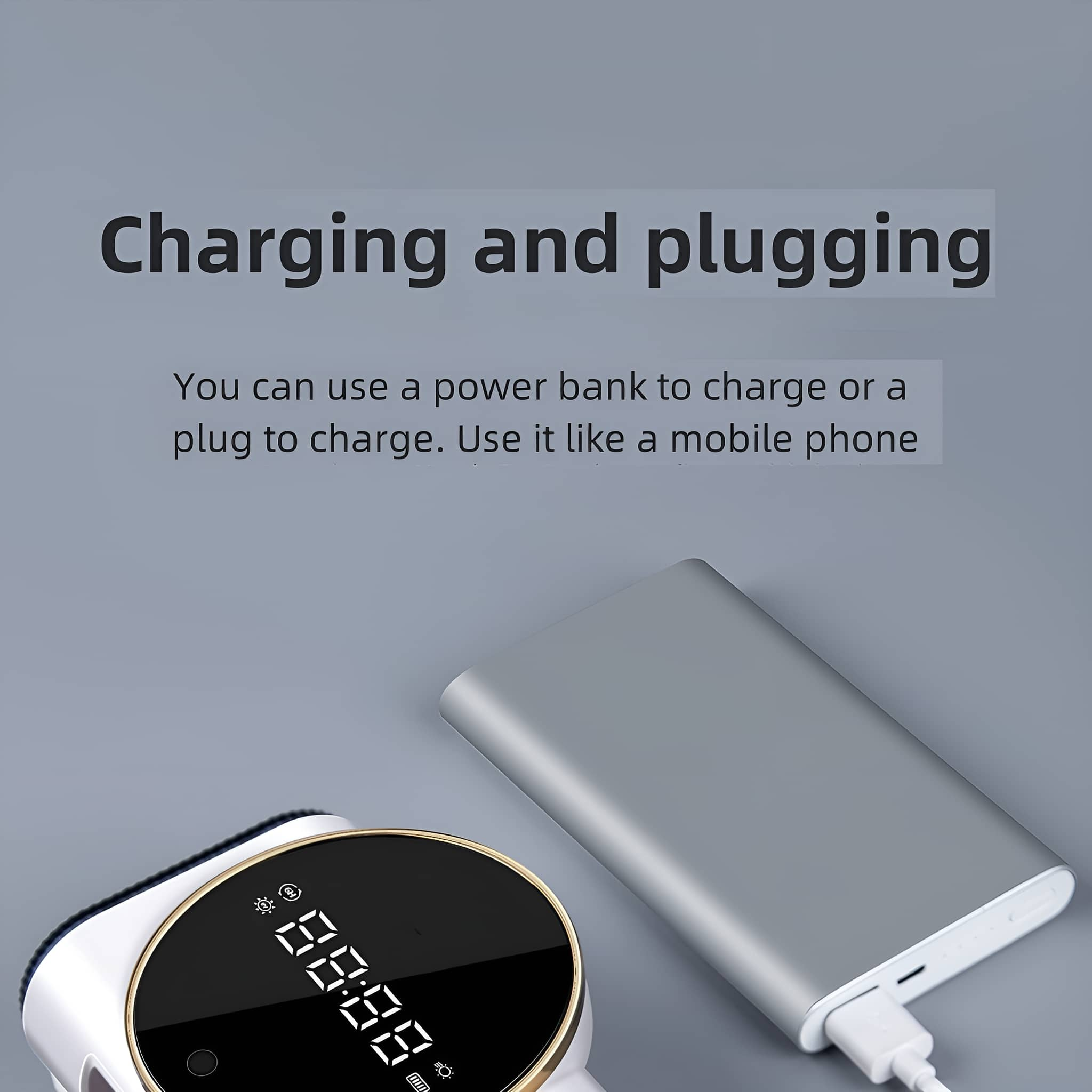 Powerbank und Gerät. Text: Aufladen und Anschließen. Sie können eine Powerbank oder einen Stecker zum Aufladen verwenden.