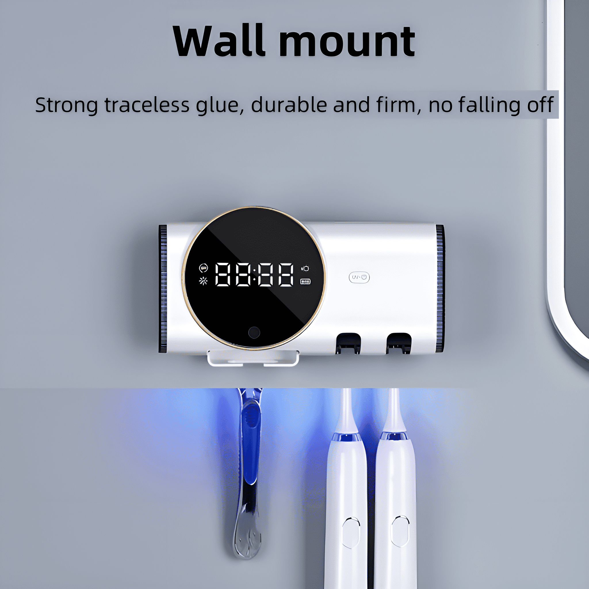 Wandgerät mit Uhr, Zahnbürstenhaltern und blauem UV-Licht.