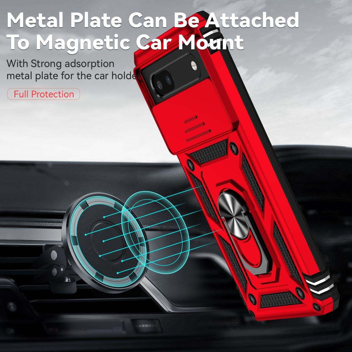 Rote Handyhülle an einer Autohalterung befestigt. Text sagt, Metallplatte kann an magnetischer Autohalterung befestigt werden.