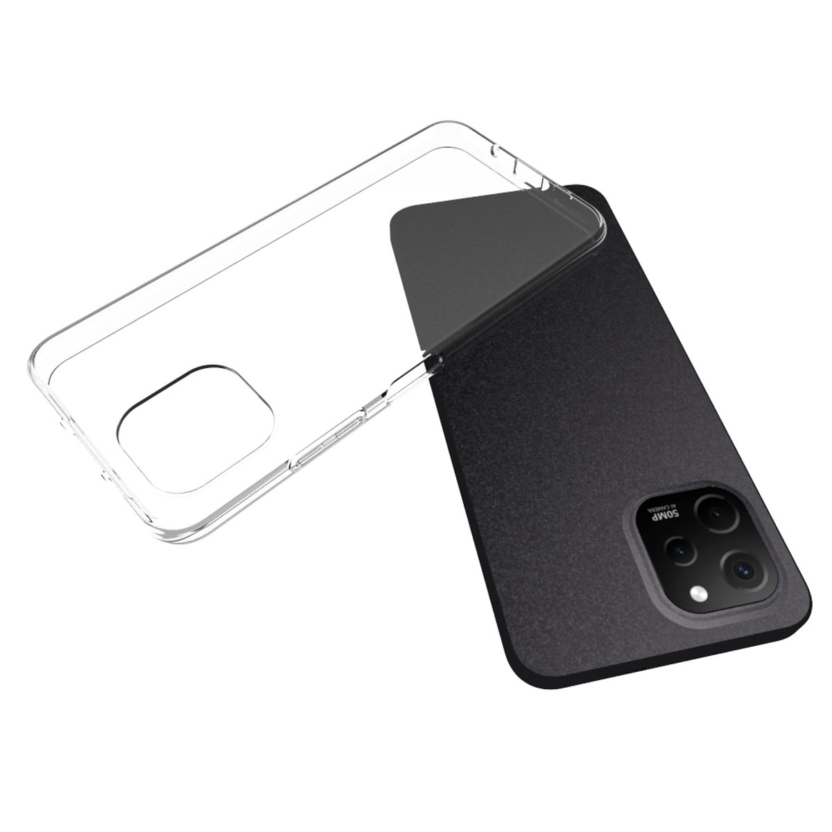 Eine durchsichtige Handyhülle liegt über einem schwarzen Telefon. Die Hülle ist teilweise geöffnet.