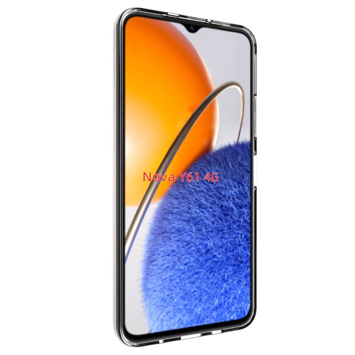 Eine transparente Handyhülle mit Telefon. Das Telefon zeigt orange und blaue Farben. Text auf dem Telefon: Nova Y61 4G.