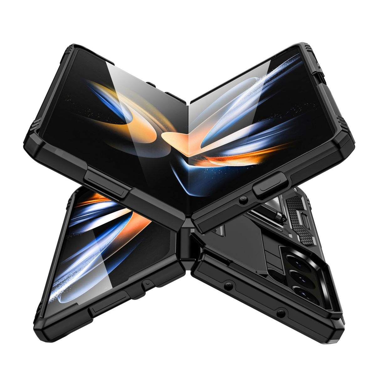 Eine schwarze Handyhülle mit faltbarem Design. Die Hülle wird in mehreren Winkeln gezeigt, wobei das Telefon im Inneren sichtbar ist.