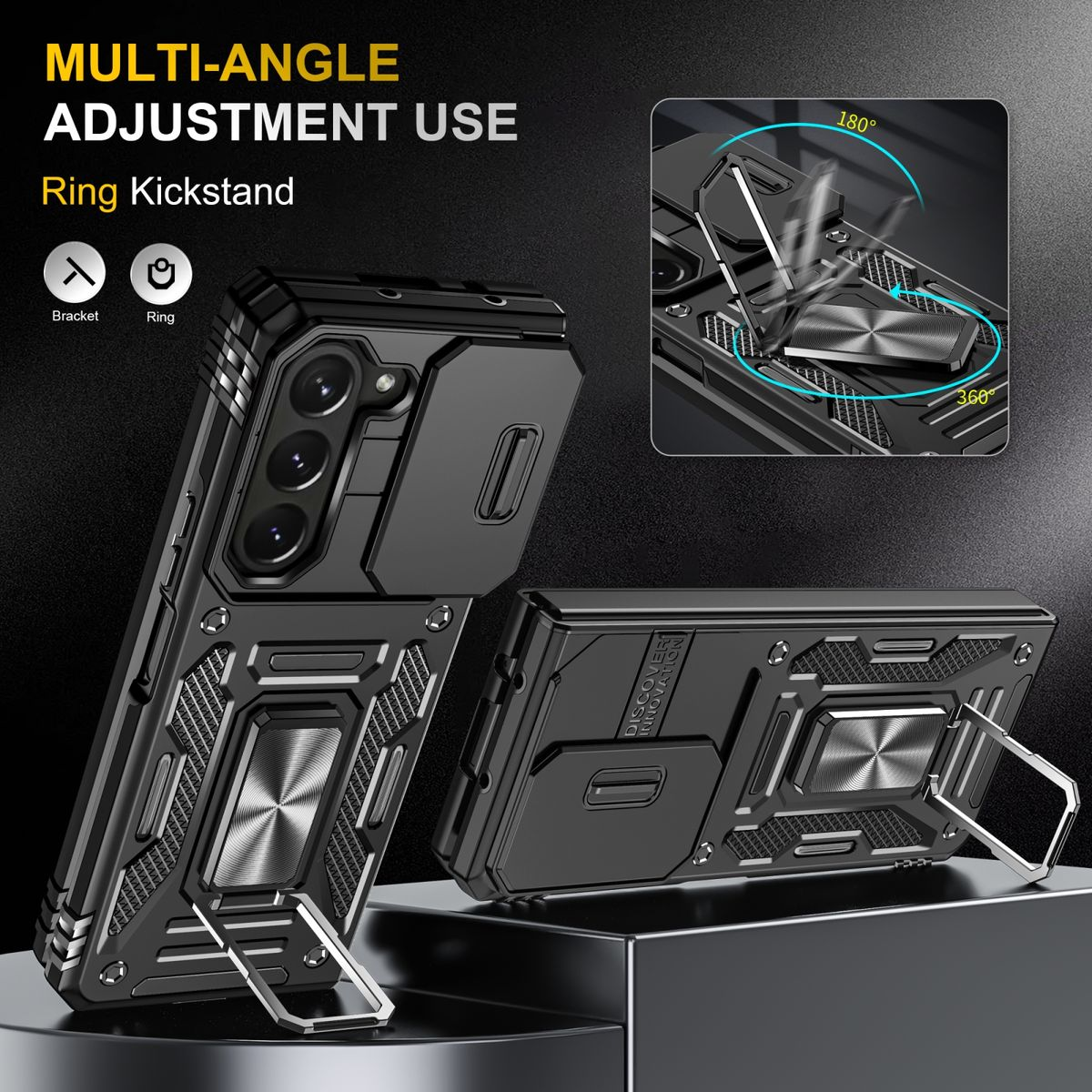 Schwarze Handyhülle mit Ring-Kickstand. Text: Multi-Winkel-Einstellung, Halterung und Ring.