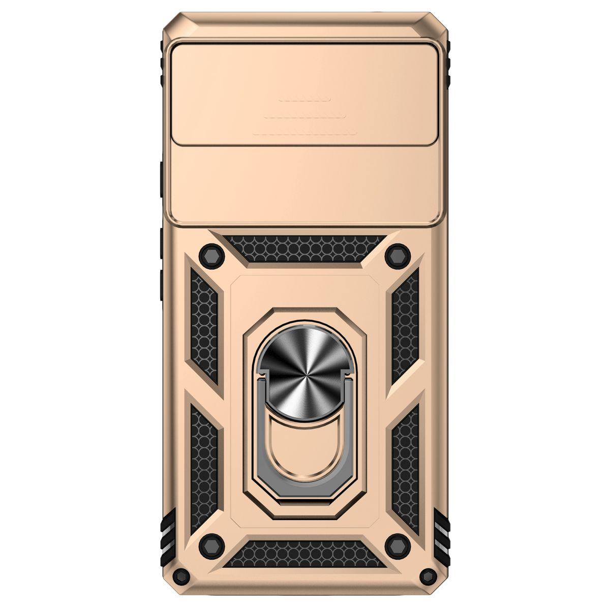 Goldene Handyhülle mit Kameraabdeckung, Ringhalter und Gittermuster.