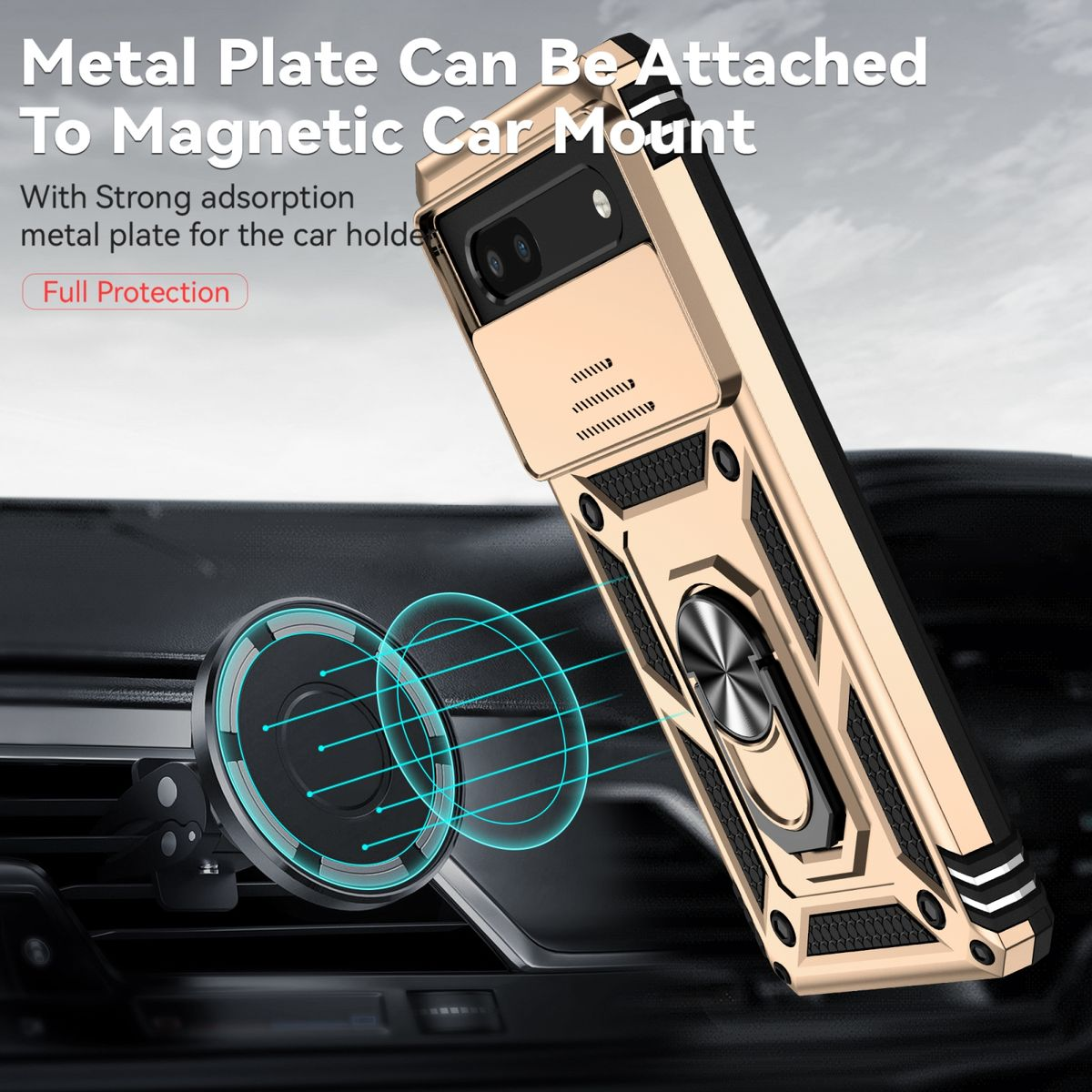 Goldene Handyhülle mit magnetischer Autohalterung. Die Hülle befindet sich auf dem Armaturenbrett eines Autos.