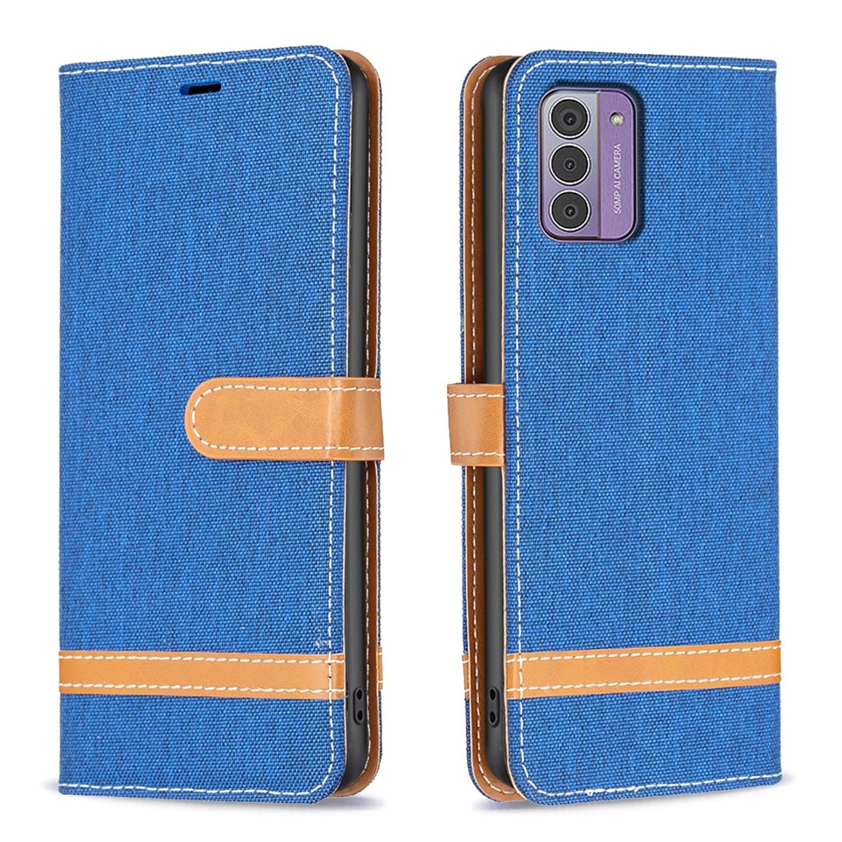 Blaues Handy-Etui offen und geschlossen. Das Etui ist blau mit braunen Akzenten. Es besteht aus Stoff.