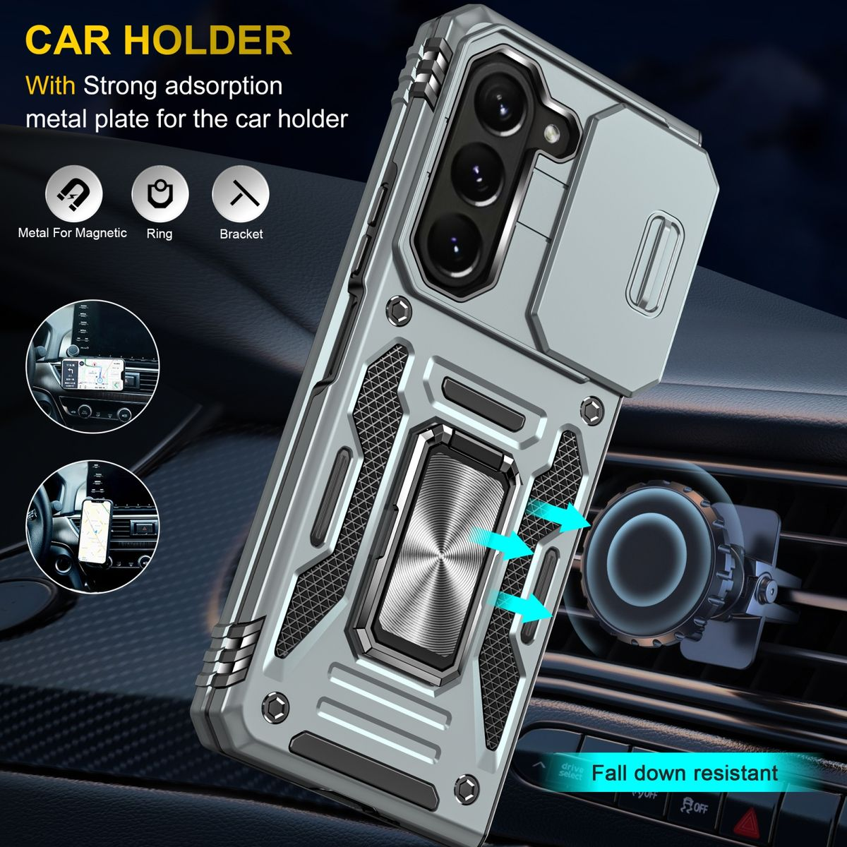Silberne Handyhülle im Auto. Text: Autohalterung, Metall für magnetisch, Ring, Halterung.