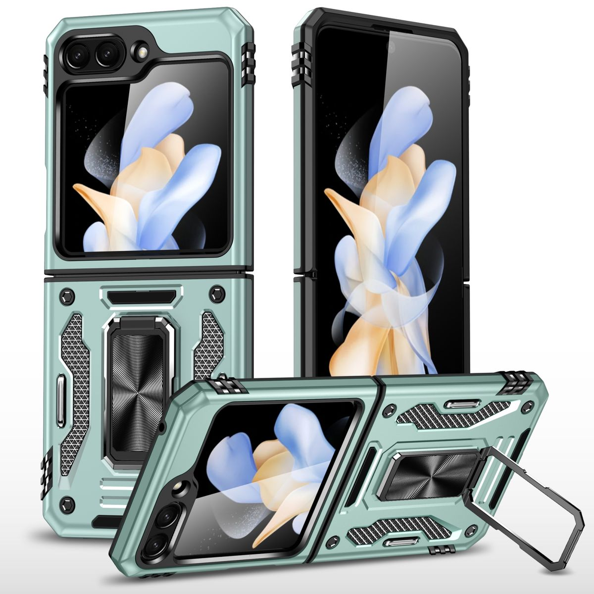 Mehrere Ansichten einer Handyhülle für ein Falt-Handy.