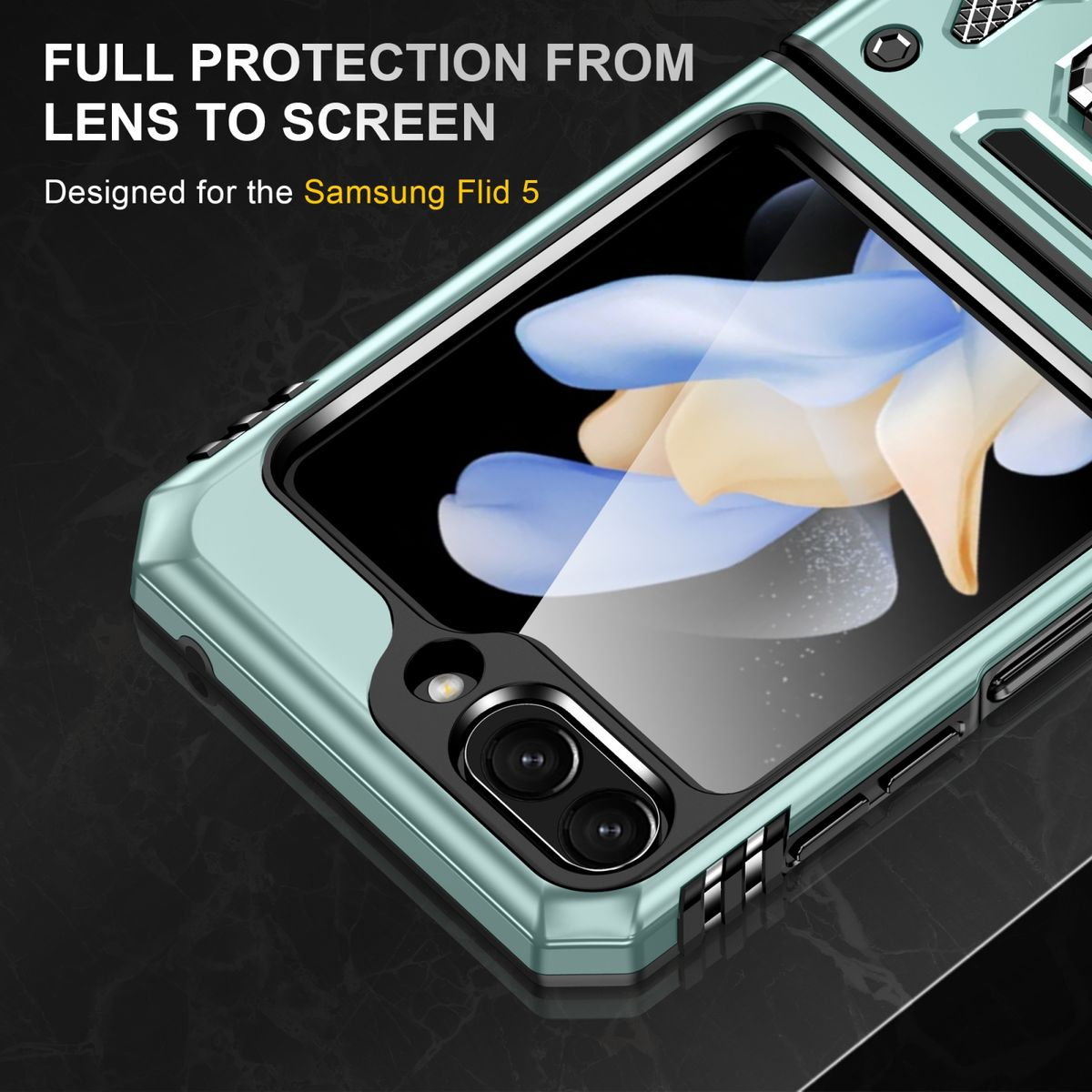 Nahaufnahme einer türkisfarbenen Handyhülle, die ein faltbares Telefon schützt. Design für Samsung Flid 5.
