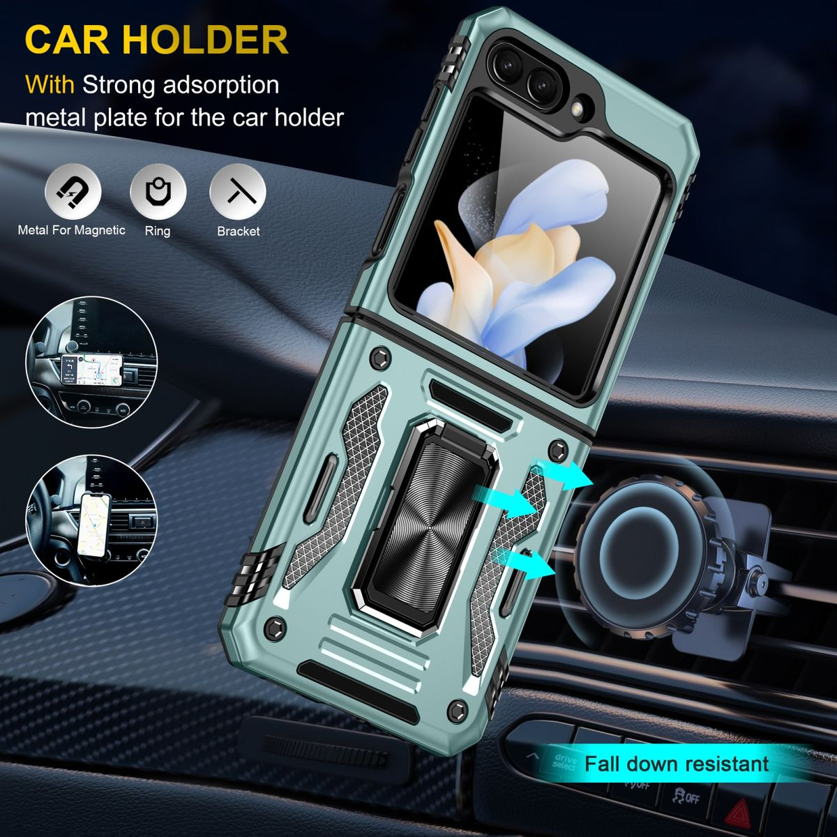 Grüne Handyhülle im Auto. Die Hülle hat einen Ringhalter und eine Autohalterung.
