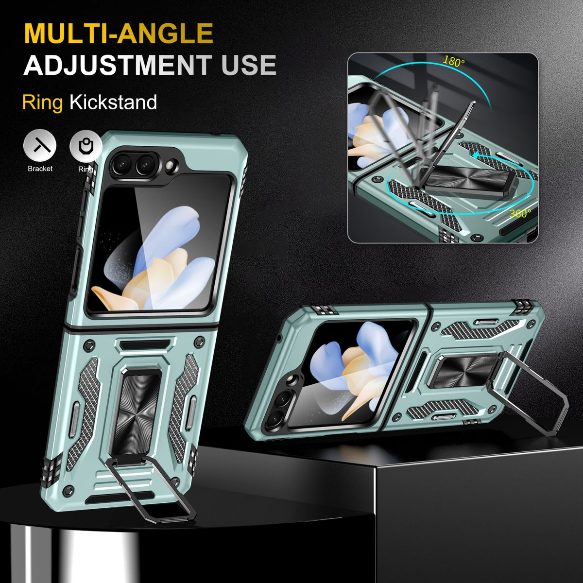 Tealfarbenes Handycase mit Ständer, zusammengeklappt und offen. Text: Multi-Winkel-Einstellung.