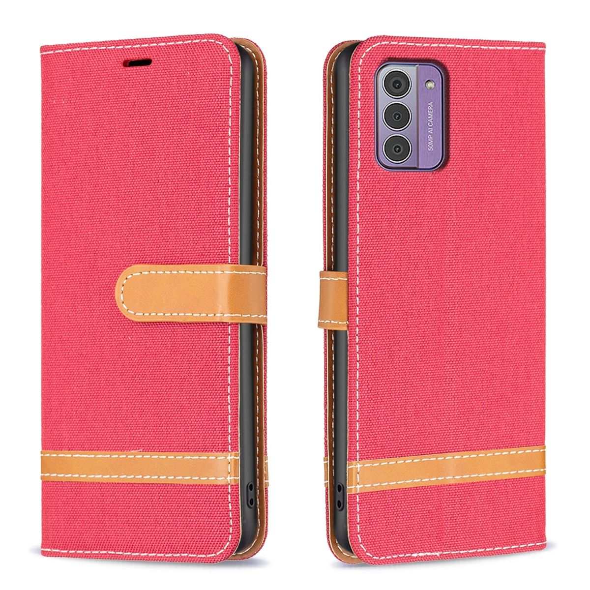 Rote Handyhülle, offen, zeigt das Telefon. Die Hülle besteht aus Canvas mit einem braunen lederartigen Streifen.