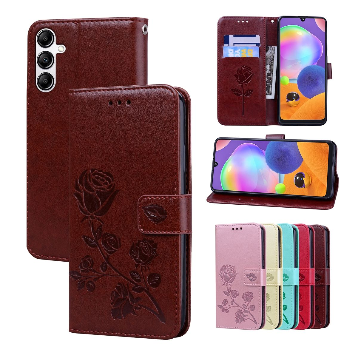 Braune Leder-Handyhülle mit Rosenmuster, Telefon und Karten. Mehrere Ansichten.