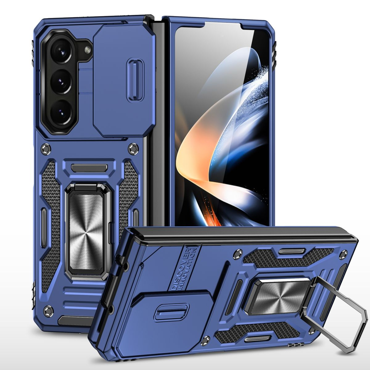 Blaue Handyhülle für ein faltbares Telefon. Die Hülle hat einen Ständer und einen Kameraausschnitt.