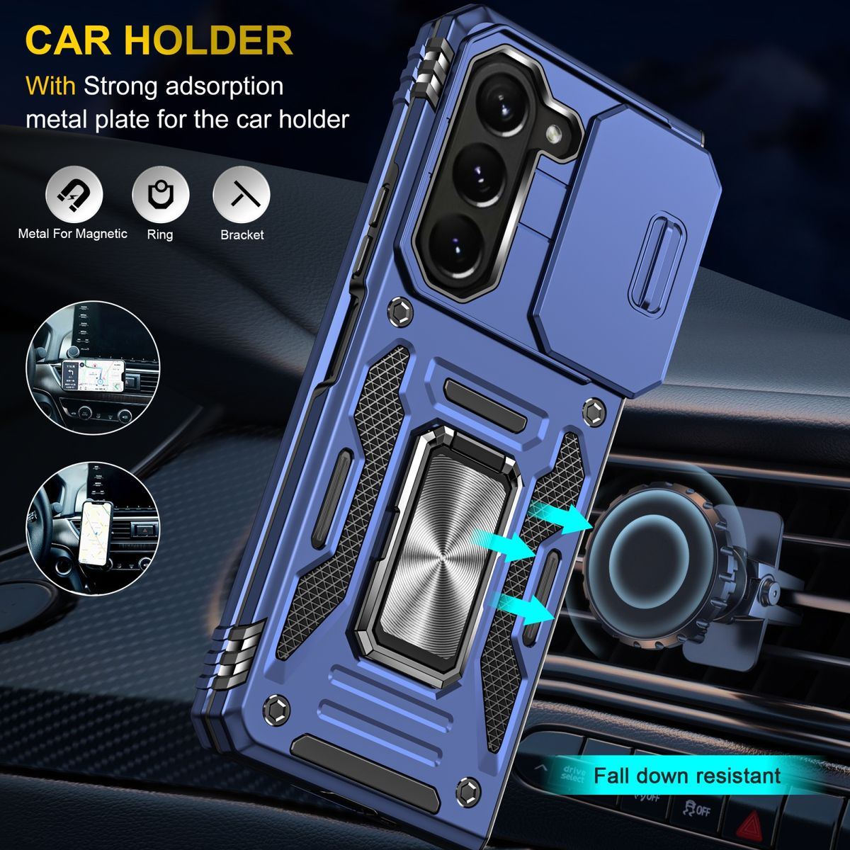 Blaue Handyhülle mit Metallring, Autohalterung und verschiebbarer Kameraabdeckung.