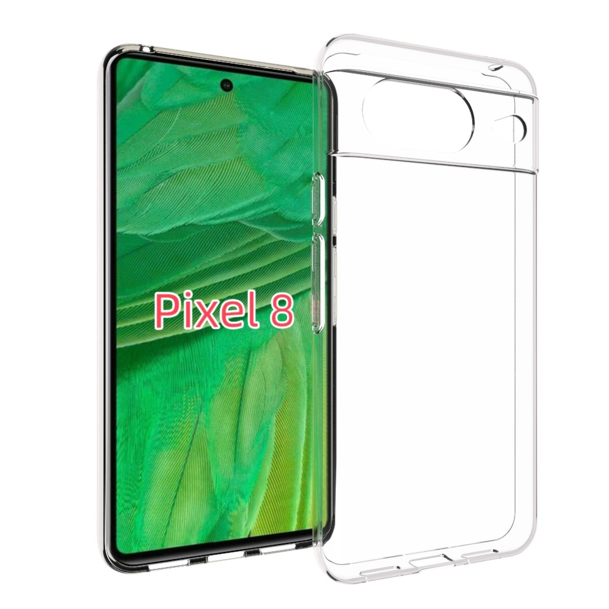 Eine klare Handyhülle auf einem Telefon. Das Telefon zeigt einen farbenfrohen Bildschirm mit den Worten Pixel 8.