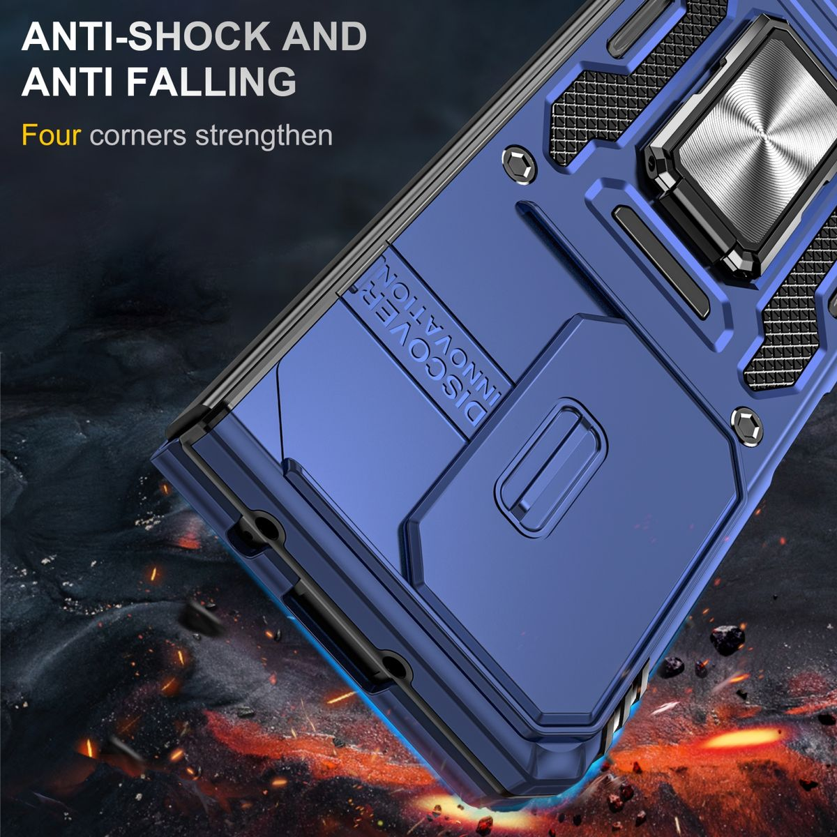 Nahaufnahme einer blauen Handyhülle mit Text: ANTI-SHOCK UND ANTI FALLING.