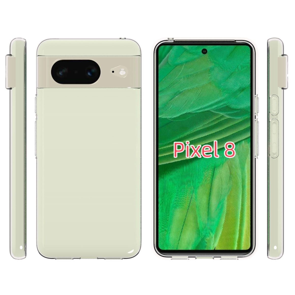 Telefon in einer Hülle, mit Seiten- und Vorderansicht. Grüne Federn auf dem Bildschirm sichtbar.