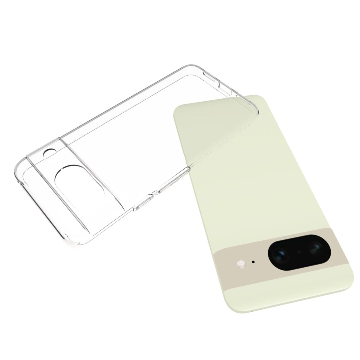 Transparente Handyhülle und Telefon. Das Telefon ist weiß und hat eine Kamera. Die Hülle ist transparent und liegt auf.