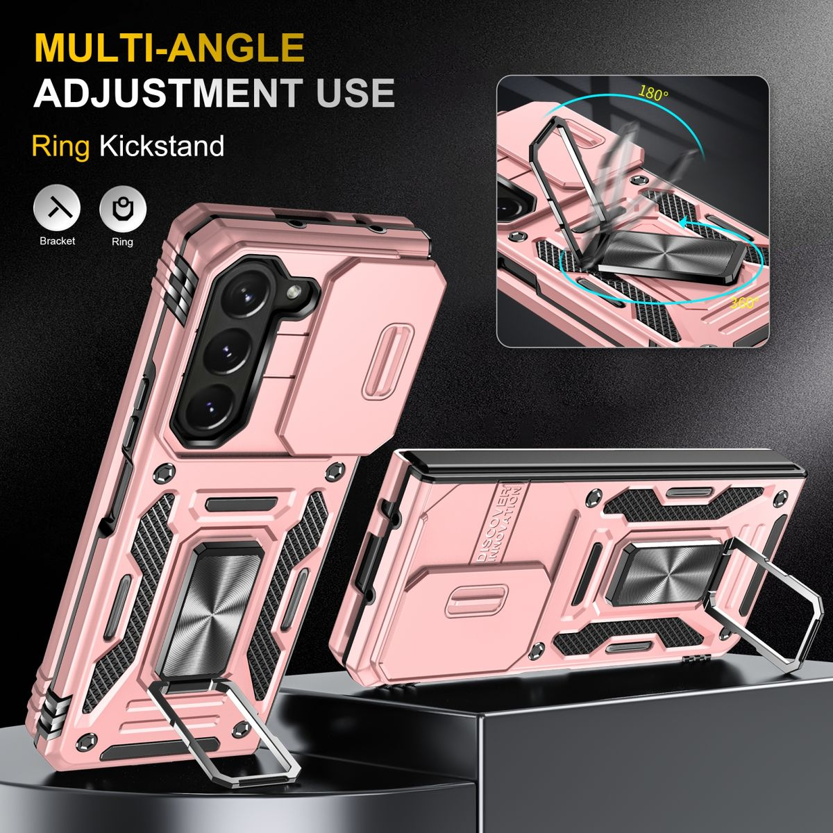 Rosa Handyhülle mit Ring. Die Hülle wird aus mehreren Winkeln gezeigt. Text: Multi-Winkel-Einstellung.