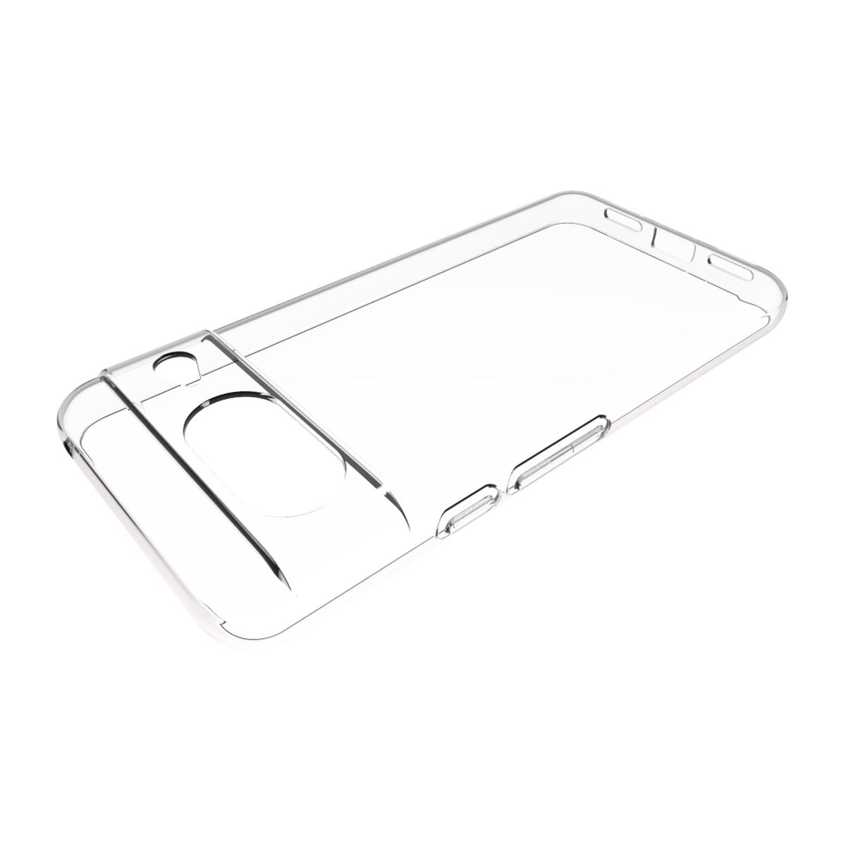 Transparente Handyhülle, schlichtes Design, leer. Weißer Hintergrund.