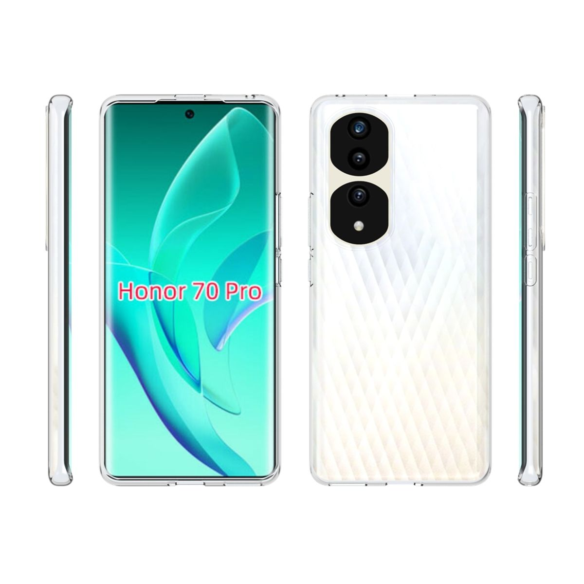 Ein Telefon mit seinem Bildschirm, umhüllt von einer transparenten Hülle. Das Telefon ist weiß.