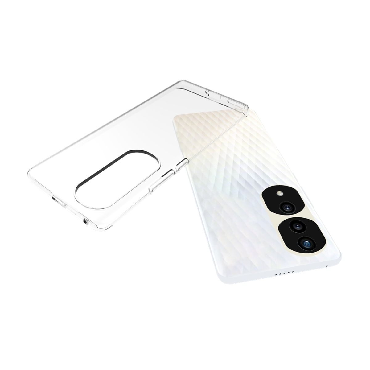 Transparente Handyhülle und weißes Telefon mit zwei Rückkameras. Angesicht auf weißem Hintergrund.