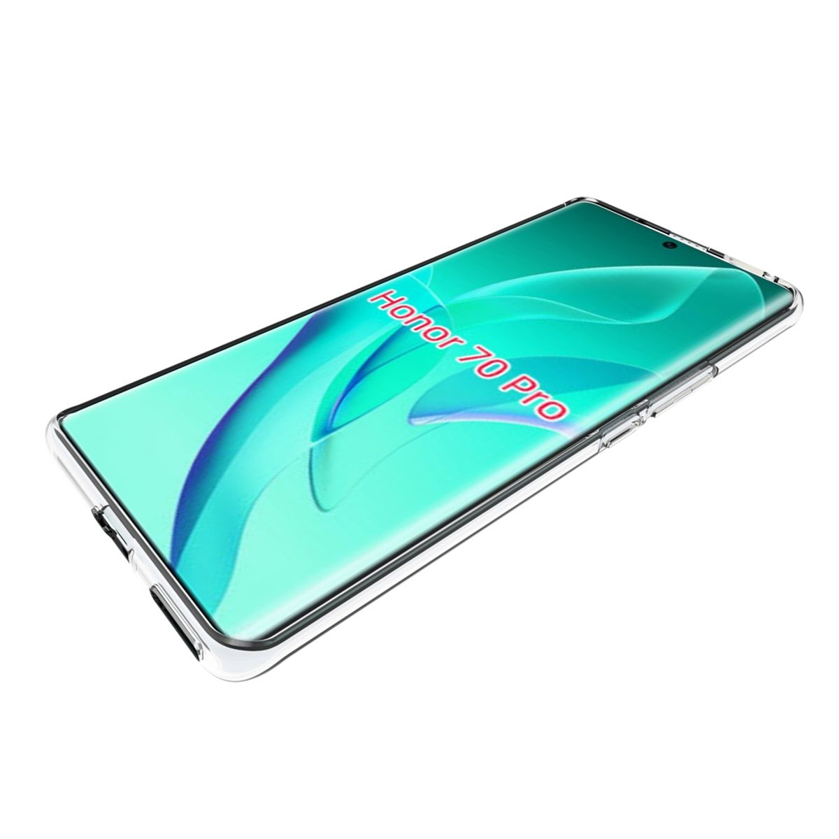 Transparente Handyhülle mit Telefon, auf dem 'Honor 70 Pro' steht.