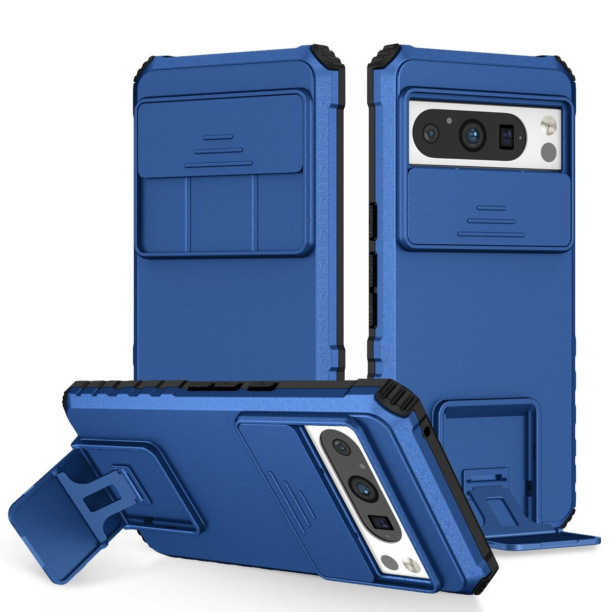 Blaue Telefonhüllen in verschiedenen Ausrichtungen. Sie haben einen Ständer und Kameraausschnitte.