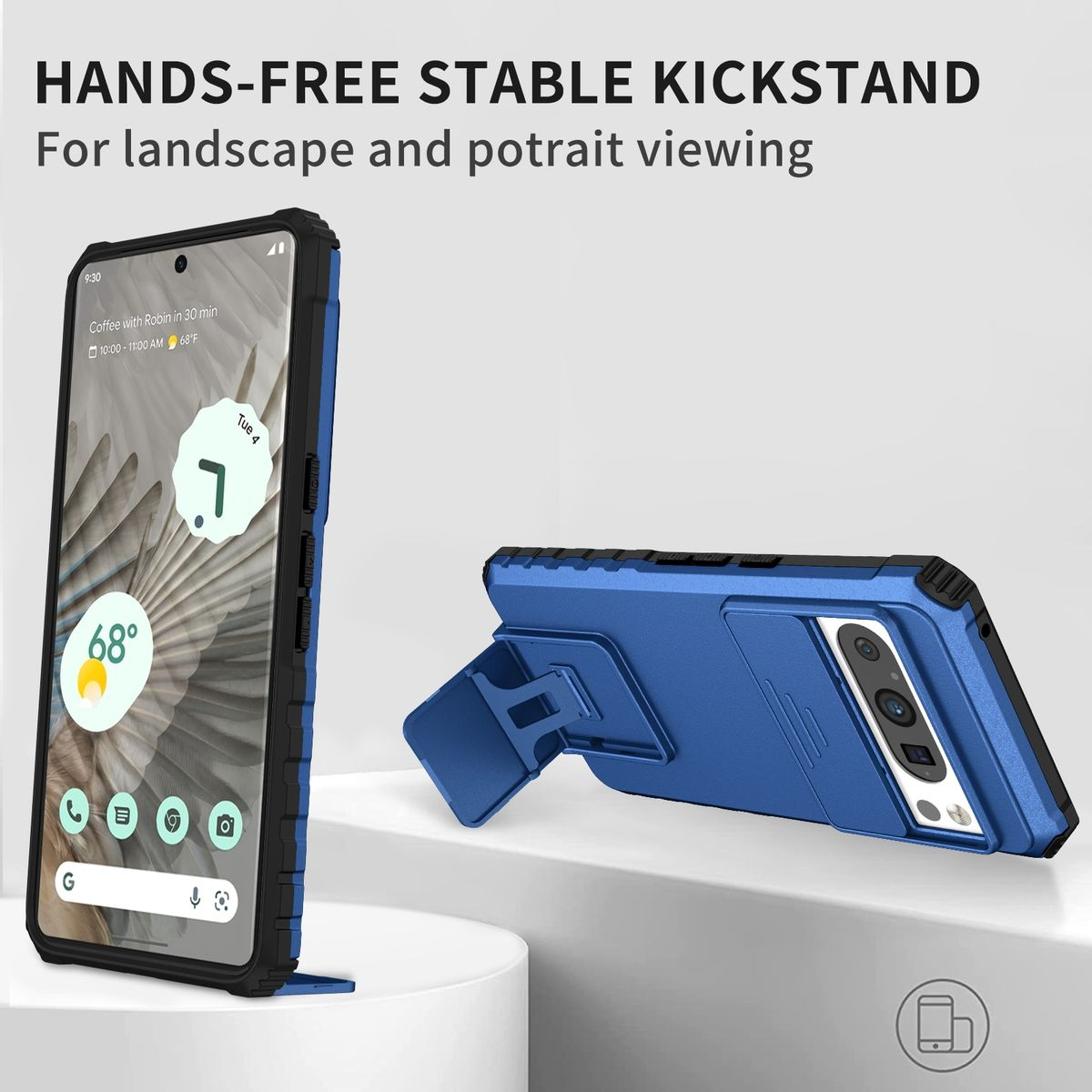 Eine blaue Handyhülle mit Ständer, auf einer weißen Oberfläche. Ein Telefon mit App links.