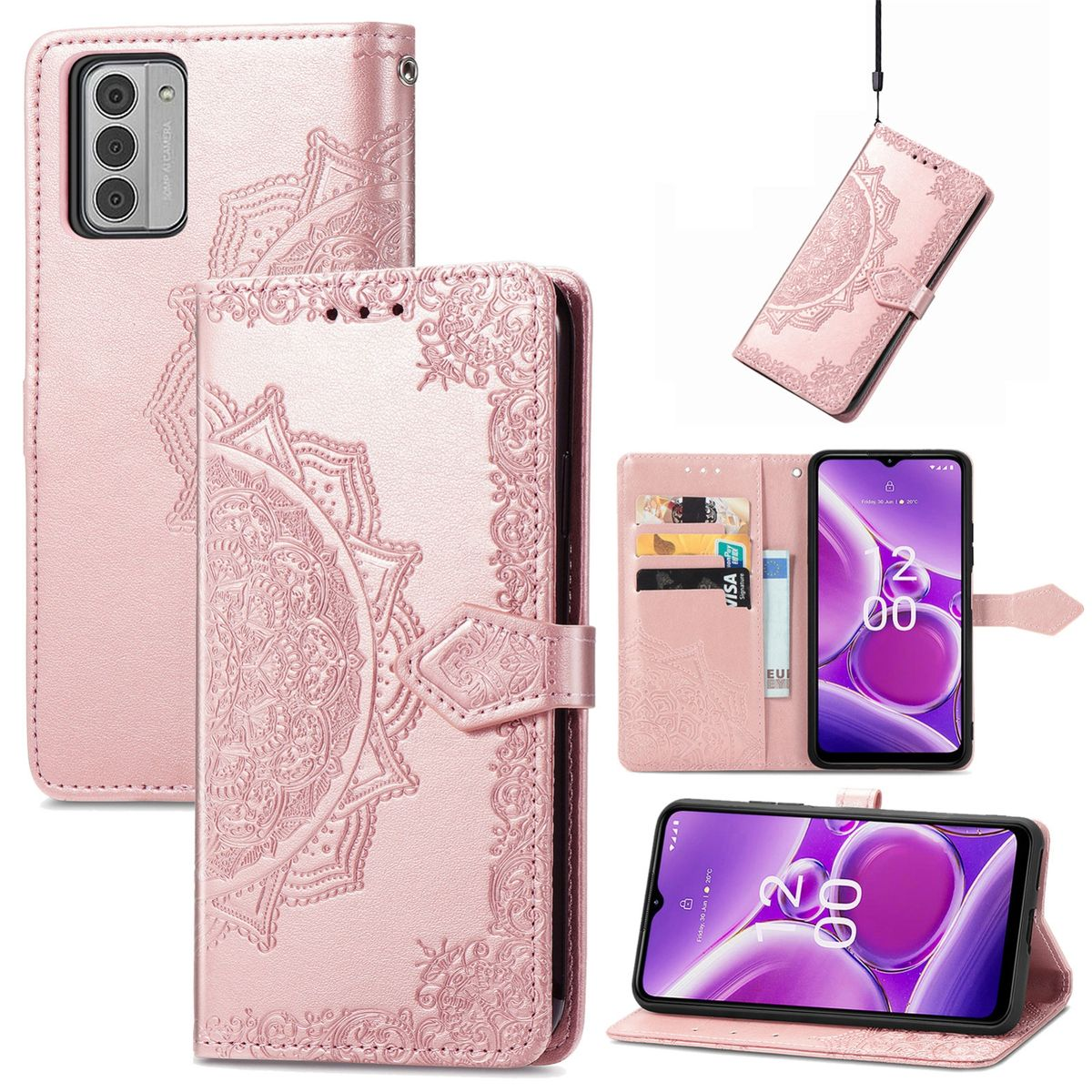 Rosa Handyhülle mit Mandala-Design, mehrere Ansichten mit Handy und Kartenfächern.