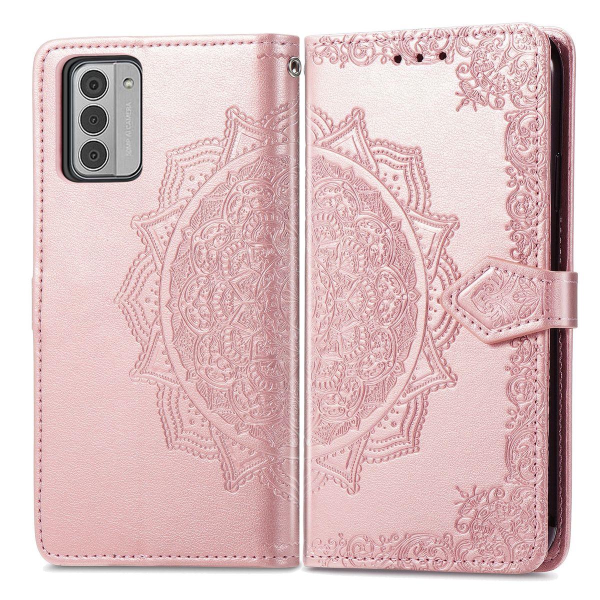 Rosa Leder-Handyhülle, offen mit Mandala-Design und einem Telefon.