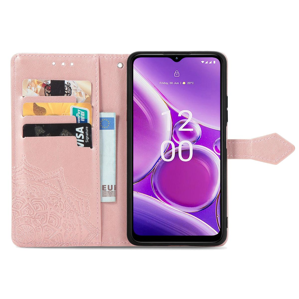 Rosa Handyhülle mit Karten und Telefon. Das Telefon zeigt Zeit und Datum an. Mit Mandala und Magnetverschluss.