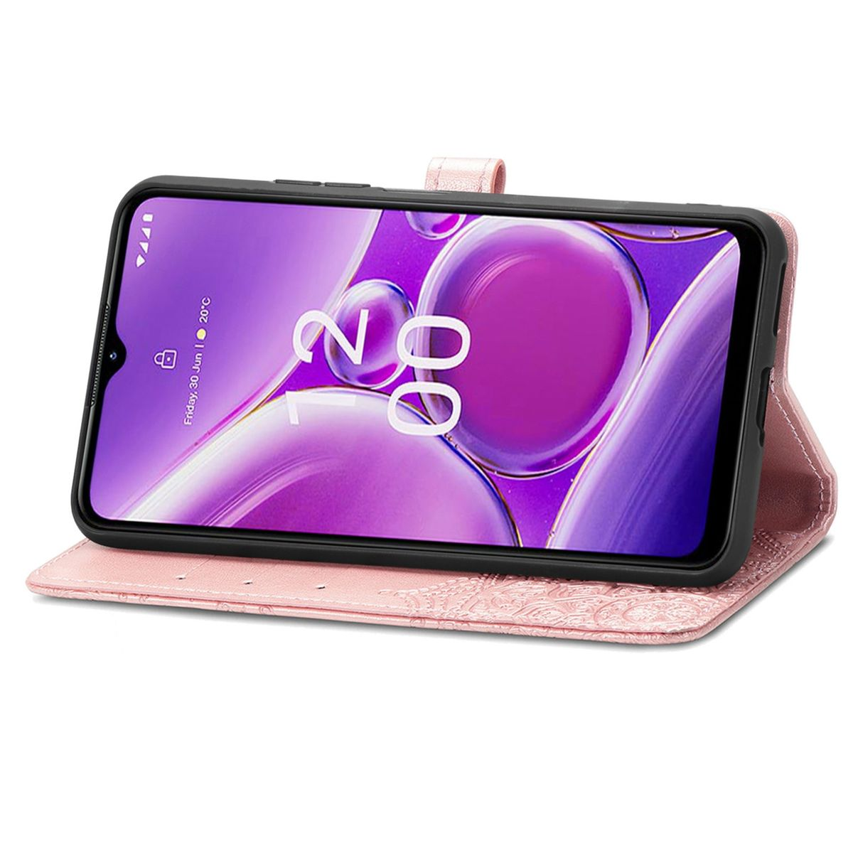 Eine pinke Handyhülle geöffnet, zeigt ein Telefon mit der Uhrzeit auf dem Bildschirm.