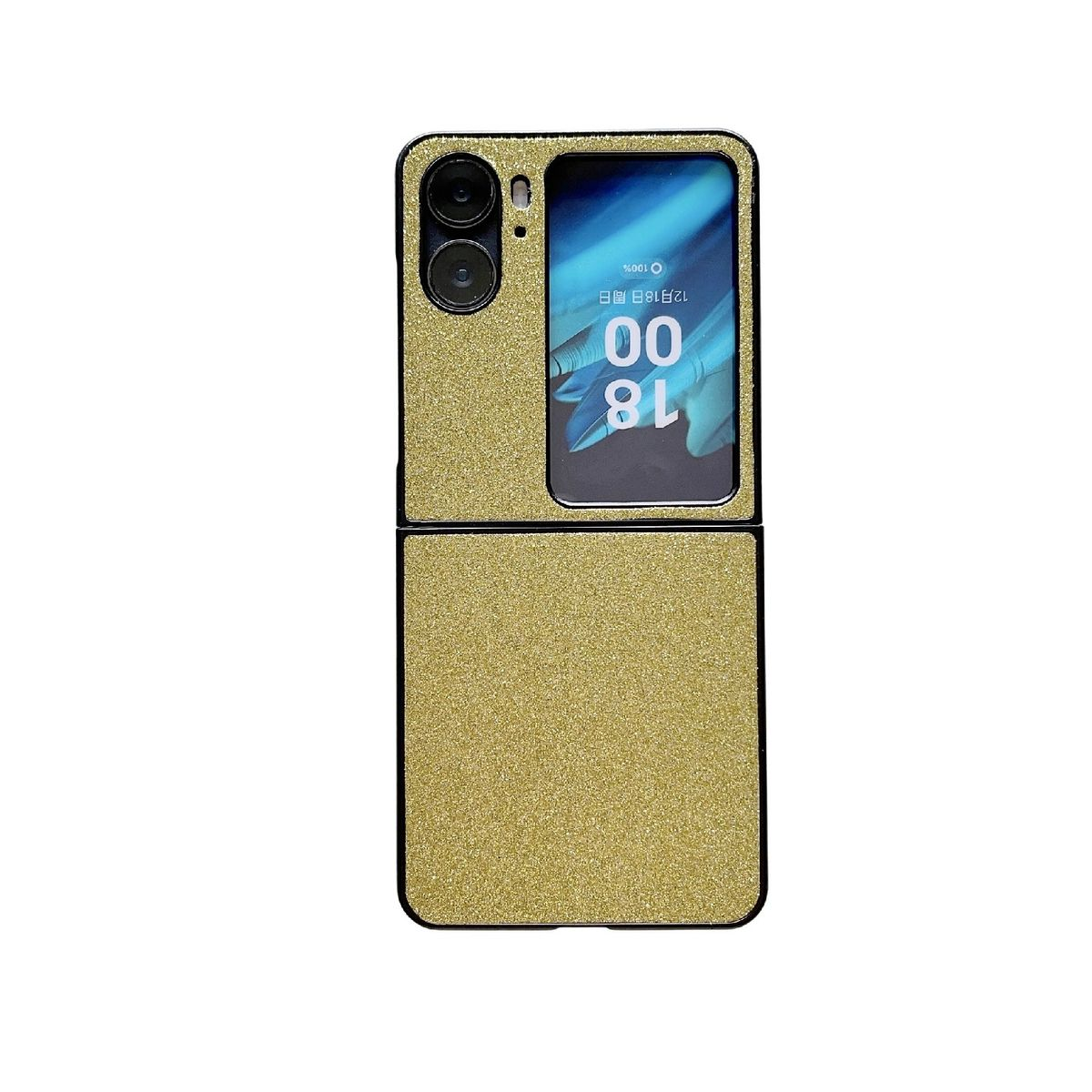 Goldenes Glitzer-Telefon. Es ist gefaltet. Das Telefon zeigt Uhrzeit und Datum.