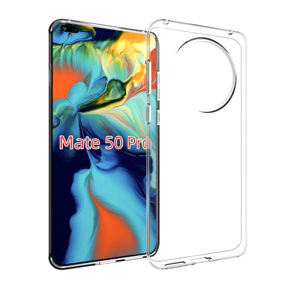 Transparente Handyhülle mit Text 'Mate 50 Pro' auf dem Telefon.