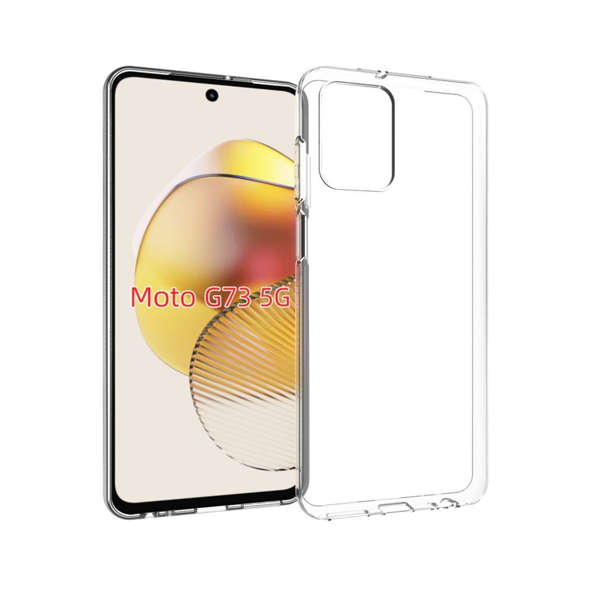 Transparente Handyhülle auf weißem Hintergrund mit Telefon und Text Moto G73-5G.