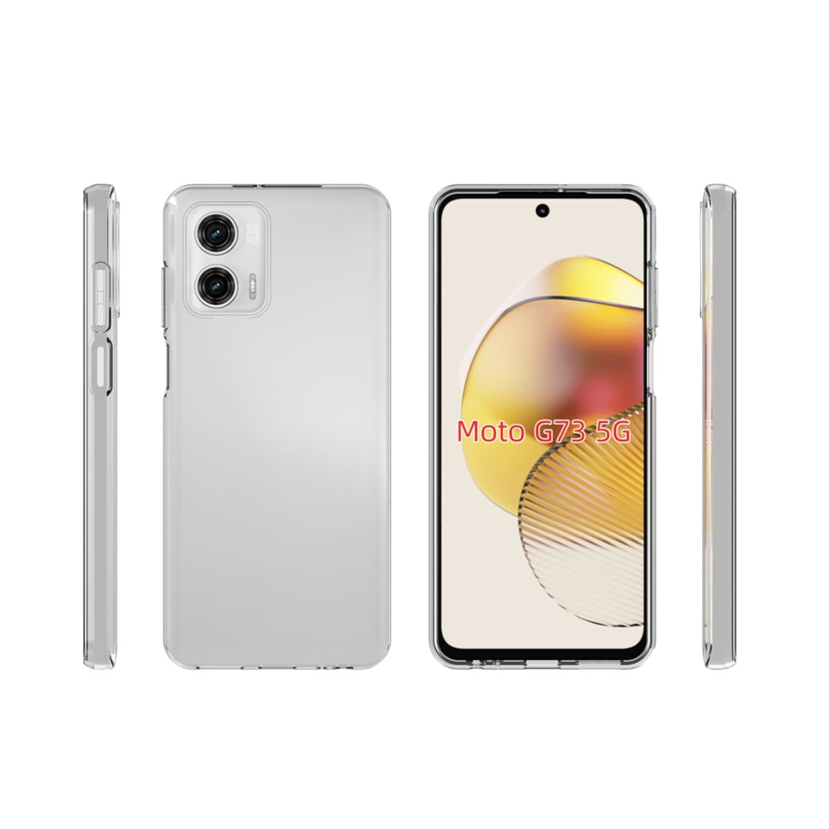 Eine transparente Handyhülle mit einem Telefon darin. Auf dem Bildschirm steht Moto G73-5G.