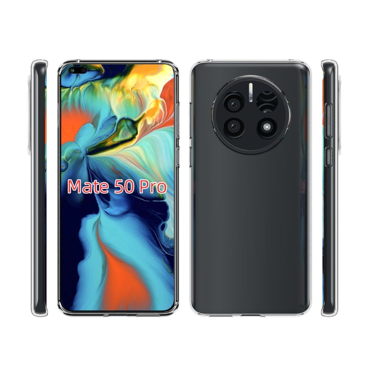Schwarzes Telefon zeigt 'Mate 50 Pro'. Zwei Seitenansichten und eine Rückansicht mit Kamera.